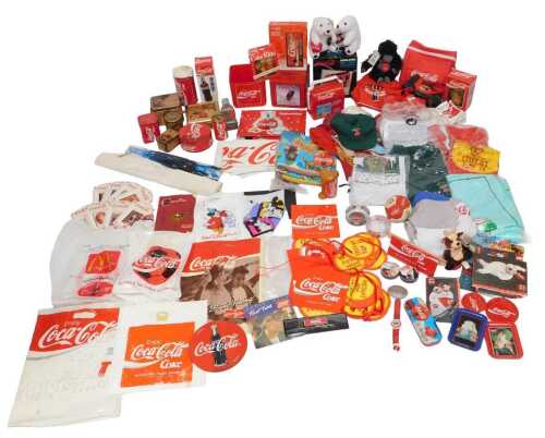 Coca-Cola memorabilia. Tins, Polar Bear soft toys, an insulated bag, radio with headphones, a...