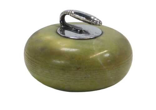 A miniature onyx curling stone, with a metal handle, 7cm diameter.