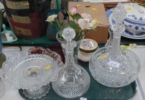 Glassware, including two decanters with stoppers, vase, cake stand, etc. (1 tray)