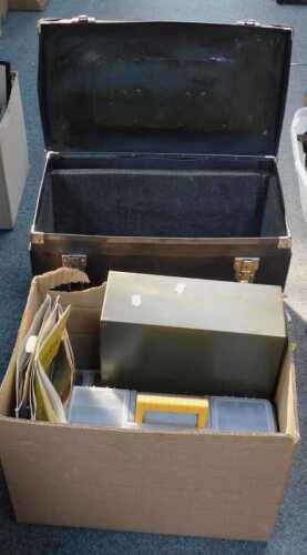 A metal desktop filing cabinet, together with a plastic toolbox, sandpaper, etc. (1 box)