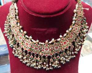 An antique enamel and gem set bridal necklace, the front set with an arrangement of green, red... - 5