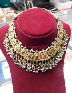 An antique enamel and gem set bridal necklace, the front set with an arrangement of green, red... - 6