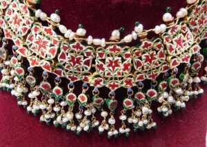 An antique enamel and gem set bridal necklace, the front set with an arrangement of green, red... - 8
