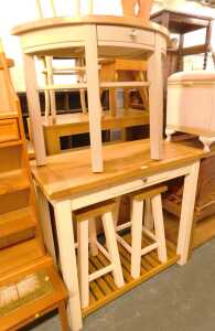 A contemporary oak kitchen table, the painted base with a frieze drawer, with slatted under tier,...