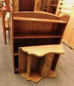 A teak open bookcase, together with a pine wall hanging unit, an arrangement of shelves and two...