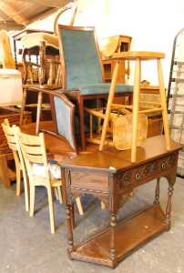 A group of furniture, to include extending dining table, two beech dining chairs, further chairs,...