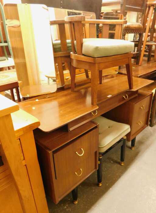A mid 20thC mirror back dressing table, together with a stool and an oak framed bow backed child'...
