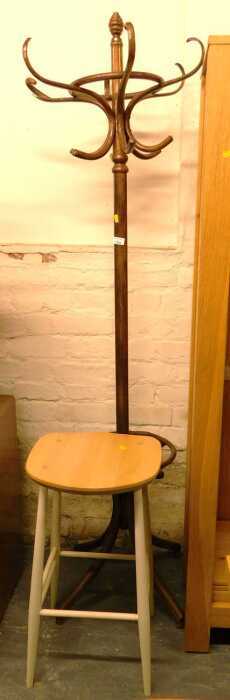 A Bentwood coat stand, together with a stool with a painted base. (2)