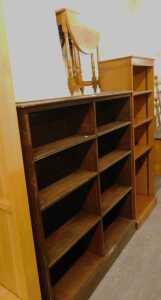 A group of furniture, comprising an oak gateleg table, an open bookcase, together with a further...