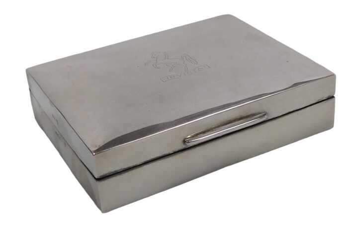 An Elizabeth II silver cigarette box, the lid engraved with the Aveling Barford Invictor Horse,...