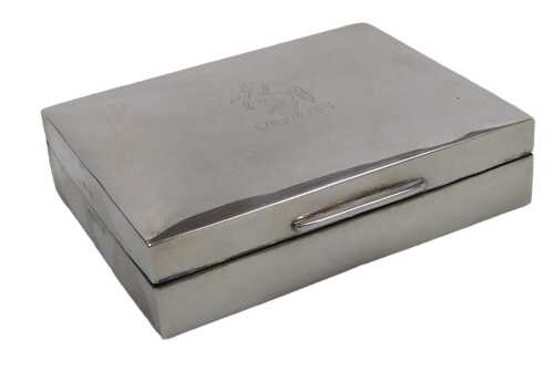 An Elizabeth II silver cigarette box, the lid engraved with the Aveling Barford Invictor Horse,...