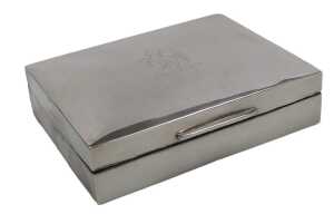 An Elizabeth II silver cigarette box, the lid engraved with the Aveling Barford Invictor Horse,...