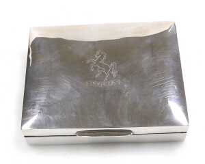 An Elizabeth II silver cigarette box, the lid engraved with the Aveling Barford Invictor Horse,... - 2