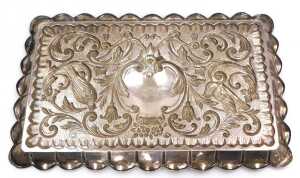 A dressing table tray, possibly of Jewish origin, embossed with birds, a mask, flowers and... - 2