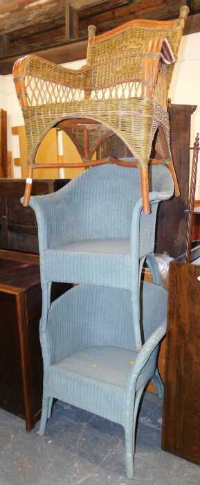 A pair of blue painted wicker Lloyd Loom style chairs, together with a further wicker chair. (3)