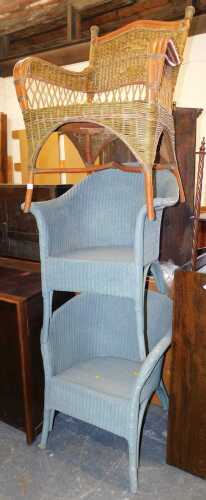 A pair of blue painted wicker Lloyd Loom style chairs, together with a further wicker chair. (3)
