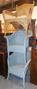 A pair of blue painted wicker Lloyd Loom style chairs, together with a further wicker chair. (3)