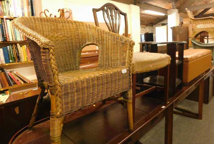 A group of furniture, to include a faux leather upholstered blanket chest, a blow up mattress, a...
