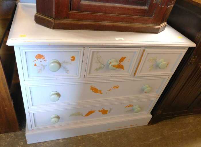 A blue painted pine chest, with an arrangement of five drawers, with a raised back on a plinth...