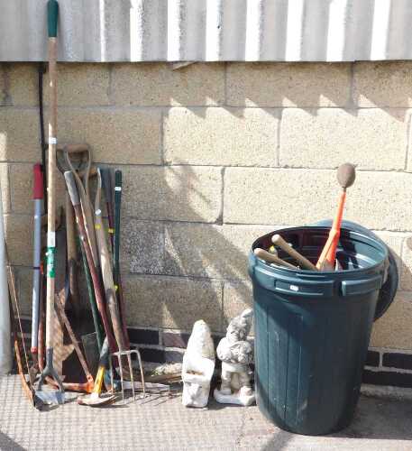 Tools, to include garden tools, hoe, fork, saw, hammer, two garden gnome ornaments, etc. (a...