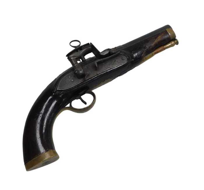 A flintlock pistol, probably Dutch, c.1800, with steel and brass plates, steel barrel, and brass...