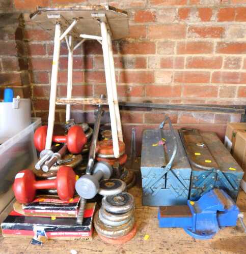 Gym equipment, to include various weights, ankle weights, together with a part painted two tier...