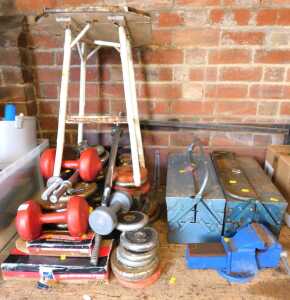 Gym equipment, to include various weights, ankle weights, together with a part painted two tier...