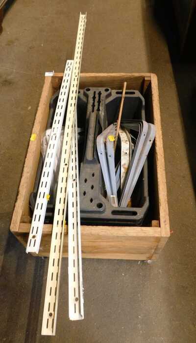 Various metal shelving racking, further shelving related items, etc., contained in a wooden box...