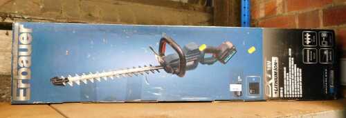 A Erbauer lithium iron battery hedge trimmer, boxed.
