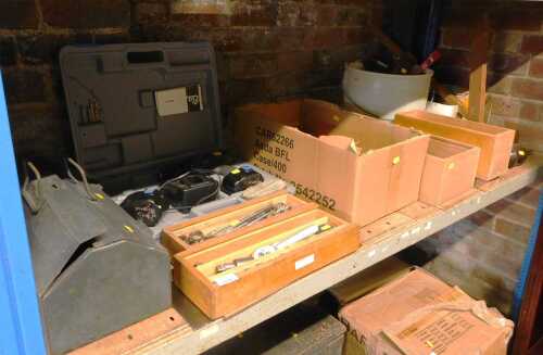 Tools, to include an Elu battery powered drill, metric sockets, metal files, chisels, drill...