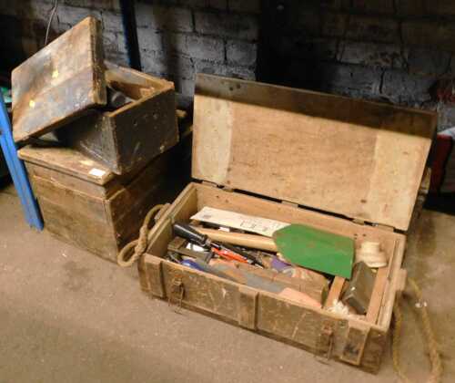 Various pine tool boxes, containing some hand tools.