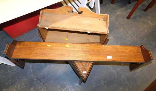 An oak wall hanging shelf, together with a pine wall hanging shelving unit, and a triangular...