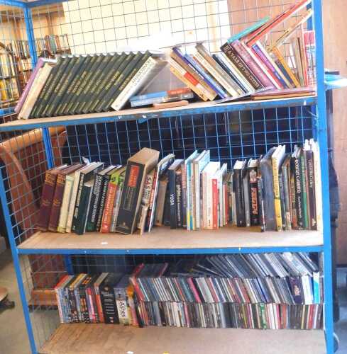Books, fiction, non-fiction, to include Sporting related books, various CDs, DVDs, etc. (3 shelves)