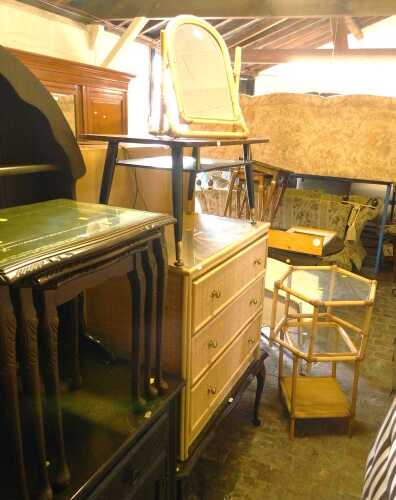 A group of simulated bamboo and rattan furniture, including two sides tables, a mirror and a...