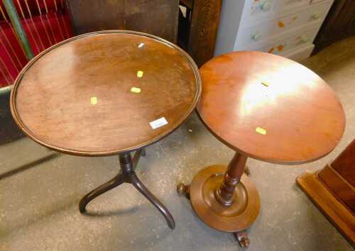 A mahogany occasional table, on a turned pedestal base, with scroll feet, and another oak...