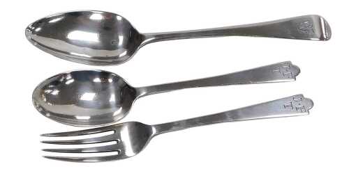 An Elizabeth II silver trefid child's fork and spoon set, monogram engraved, cased, London 1960,...