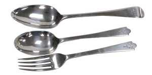 An Elizabeth II silver trefid child's fork and spoon set, monogram engraved, cased, London 1960,...