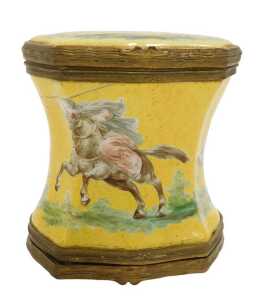 A mid 18thC German tin glazed earthenware double ended snuff box, of hourglass form, painted...