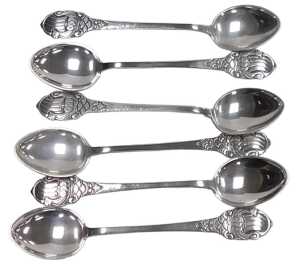 A set of six Norwegian Norne silver coffee spoons, with longboat terminals, cased, stamped 830,...