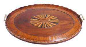 A George III mahogany and brass twin handled tray, with yew and rosewood crossbanding and an...