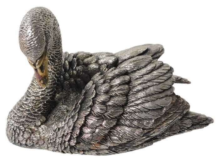 An Elizabeth II silver cast figure of a swan, with a gilded beak, London 2019, 48.01oz all in,...