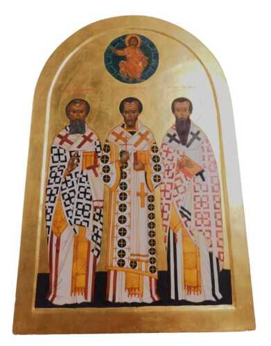 An Eastern Orthodox icon, depicting three holy hierarchs; St Gregory Nazinus, St John Chrysoston,...