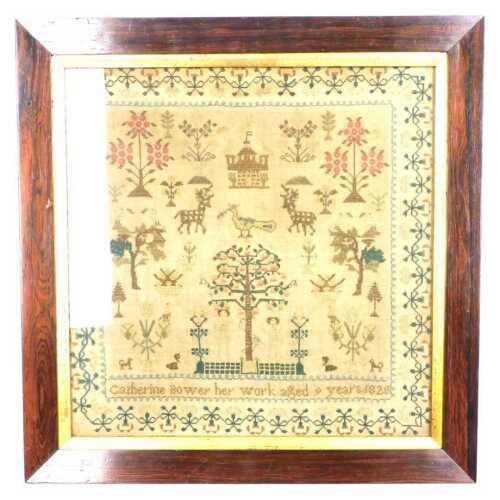 A George IV sampler, by Catherine Bower, her work, aged 9 years, 1828, the central field...