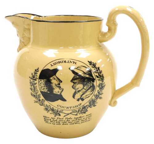 An early 19thC yellow pottery mask head jug, bat printed with 'The Bachelor's Wish',...