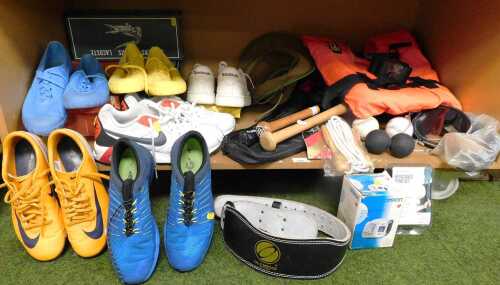 Sporting equipment and trainers, to include orange size 9 Nike Mercurial running shoes, two...