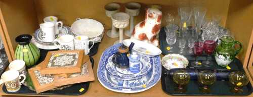Household drinking and decorative wares, to include a Staffordshire willow pattern meat platter,...