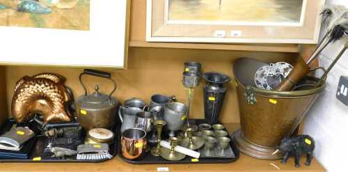 Metalware, to include a copper and brass coal scuttle, a coppered fish shaped mould, a blackened...