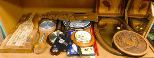 Various treen, to include an oak barometer, an oval oak wall mirror with a beaded edge and...