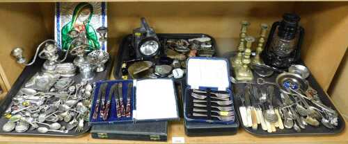 Miscellaneous items, to include flatware, souvenir spoons, cased flatware, brass candlesticks,...