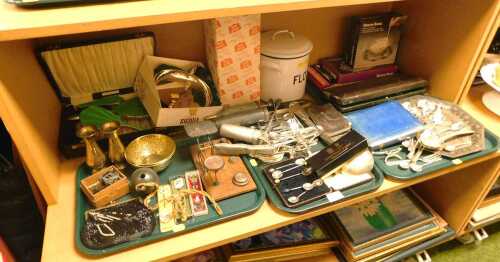 Metalware, to include a chromium plate green guilloche three piece brush and mirror set (boxed),...